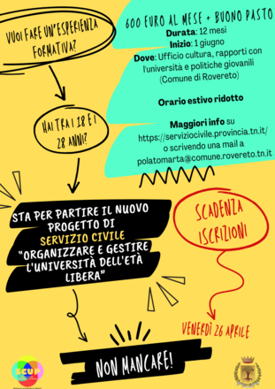 Servizio civile al Comune di Rovereto, due i progetti